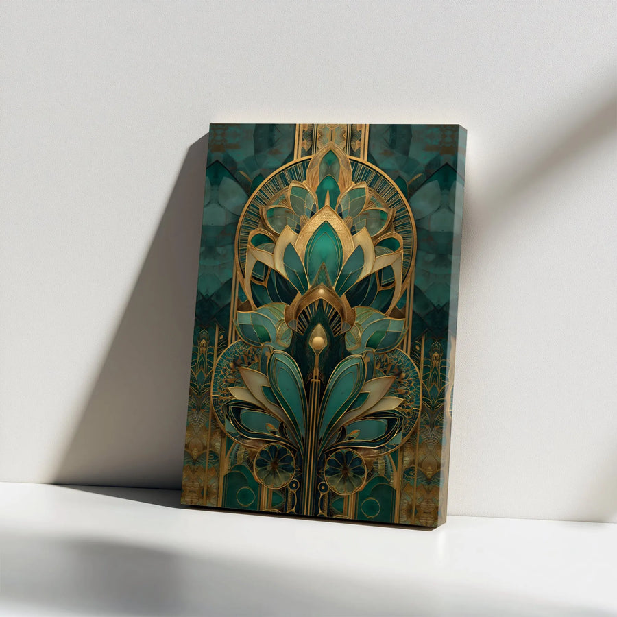 Art Deco Wall Art | Emerald Green and Gold Floral Geometric Canvas | Premium Gallery Wrap Print | Luxury Modern Home Decor