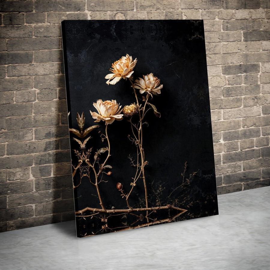 Gilded Dried Flower Wall Art | Moody Black Botanical Canvas Print | Premium Gallery-Wrapped Decor | Elegant Floral Gift for Living Room