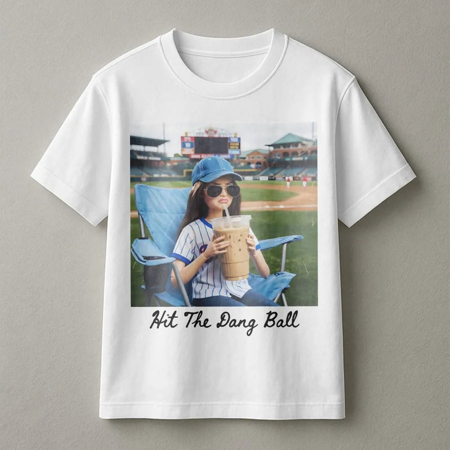Funny Baseball Mom T-Shirt | Hit The Dang Ball Graphic Tee with Doll Drinking Coffee | Soft Cotton Game Day Apparel | Gift For Softball Mama