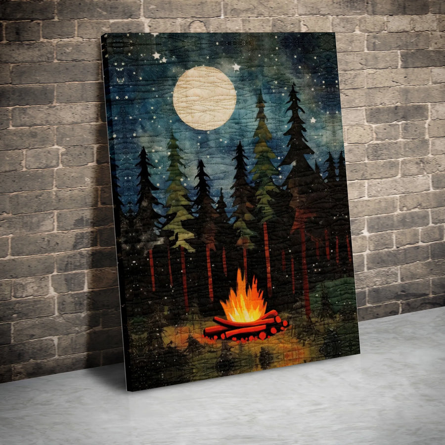 Forest Campfire Canvas Art | Quilted Midnight Pine Tree Landscape | Premium Fade-Resistant Wall Decor | Cozy Cabin Bedroom Gift
