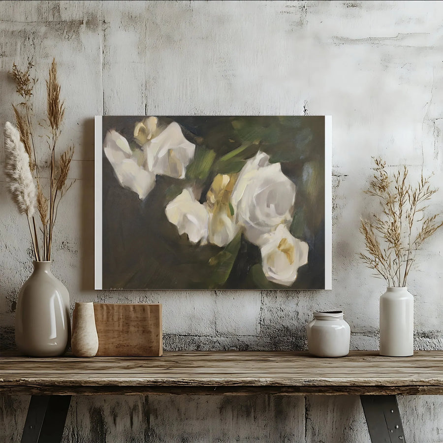 White Rose Painting Canvas Print | Moody Dark Floral Art | Premium 1.25" Gallery Wrapped Canvas | Modern Farmhouse Living Room Decor Gift
