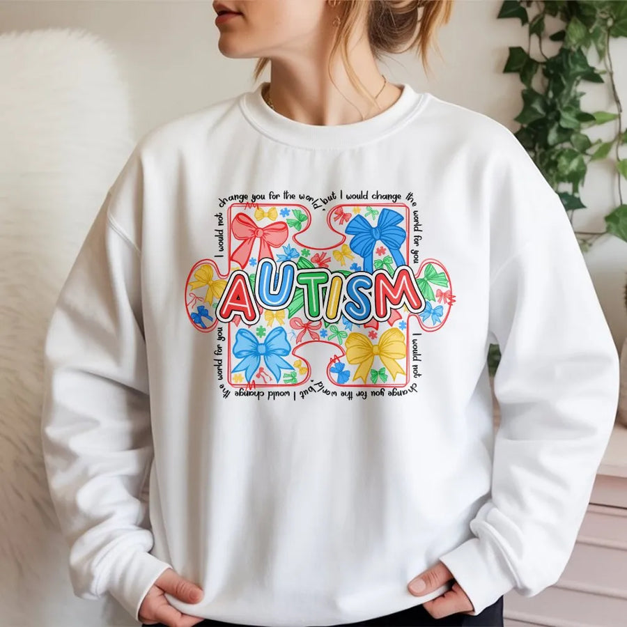 Autism Awareness Sweatshirt | Colorful Puzzle Piece Bow Graphic | Soft Cotton Tee | Neurodiversity Advocate Support Gift