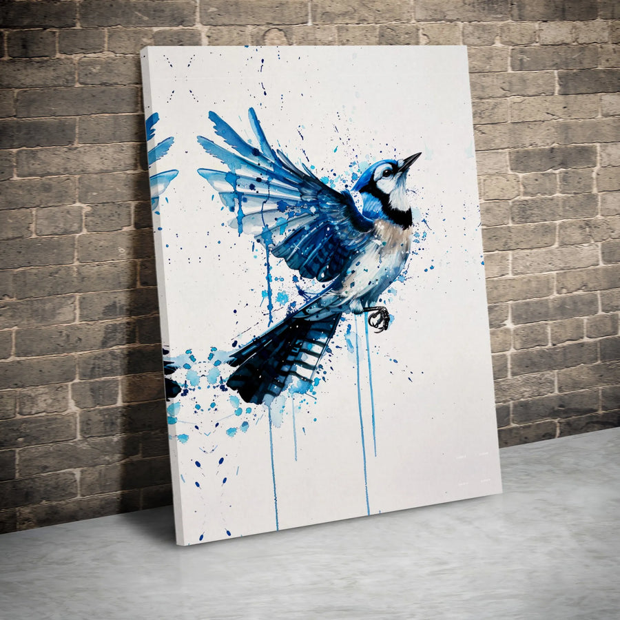 Blue Jay Wall Art Canvas | Watercolor Splash Bird Print | Premium 1.25-Inch Gallery Wrap | Nature Lover Home Office Decor Gift