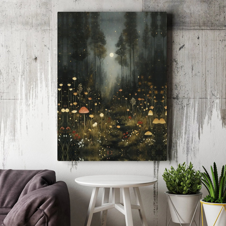 Enchanted Forest Canvas Wall Art | Whimsical Mushroom & Wildflower Design | Premium Fade-Resistant Print | Dark Cottagecore Home Decor Gift