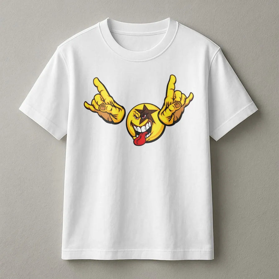 Rock On Smiley Face T-Shirt | Edgy Tongue Out Devil Emoji Graphic | 100% Cotton Premium Quality | Unisex Streetwear Gift For Men And Women