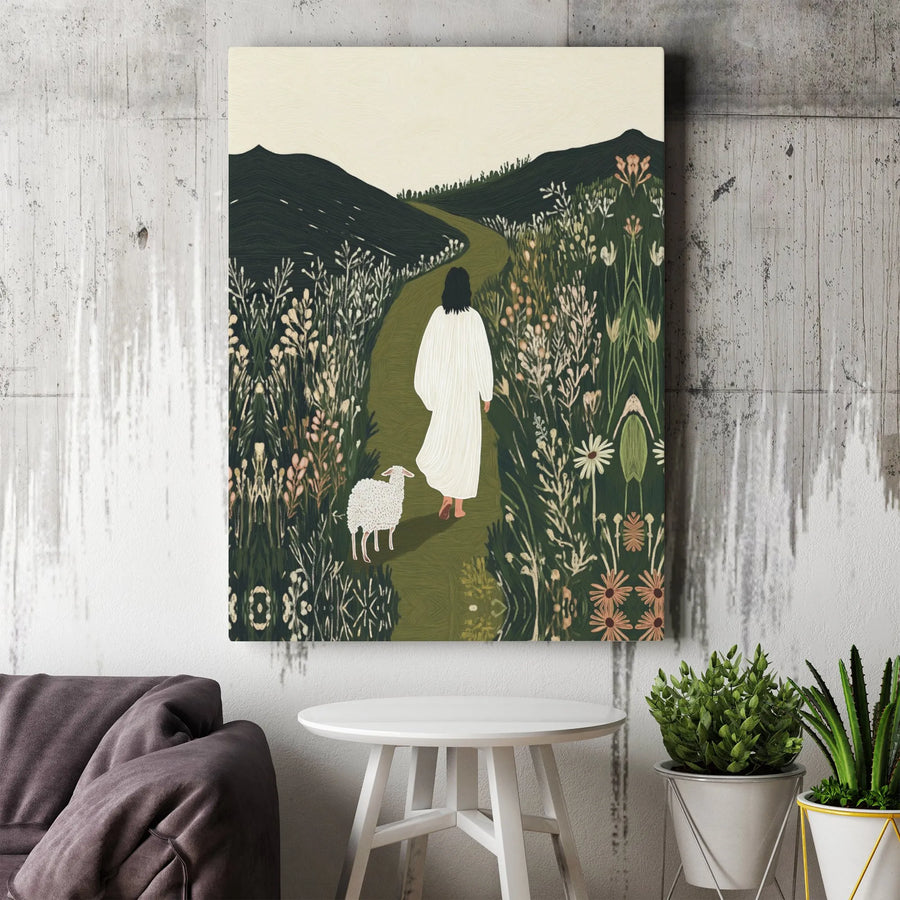 Jesus The Good Shepherd Canvas Art | Minimalist Wildflower Meadow Landscape | Premium Fade-Resistant Gallery Wrap | Christian Home Wall Decor Gift