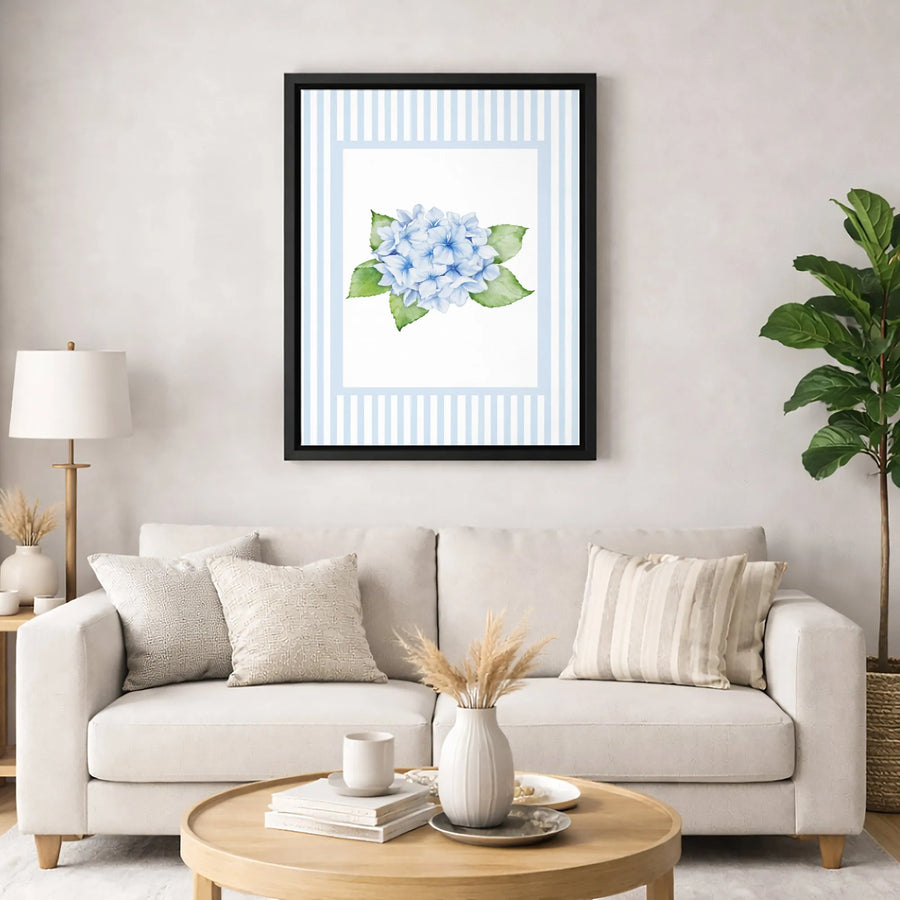 Blue Hydrangea Wall Art | Watercolor Flower With Striped Border | Premium Gallery Canvas | Farmhouse Home Decor Gift