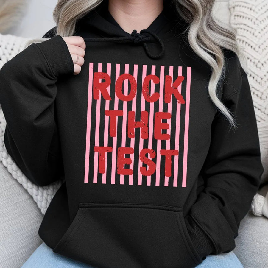 Rock The Test Hoodie | Funny Teacher Testing Day Graphic Tee | Soft Cotton | Motivational Gift for Student or Teacher