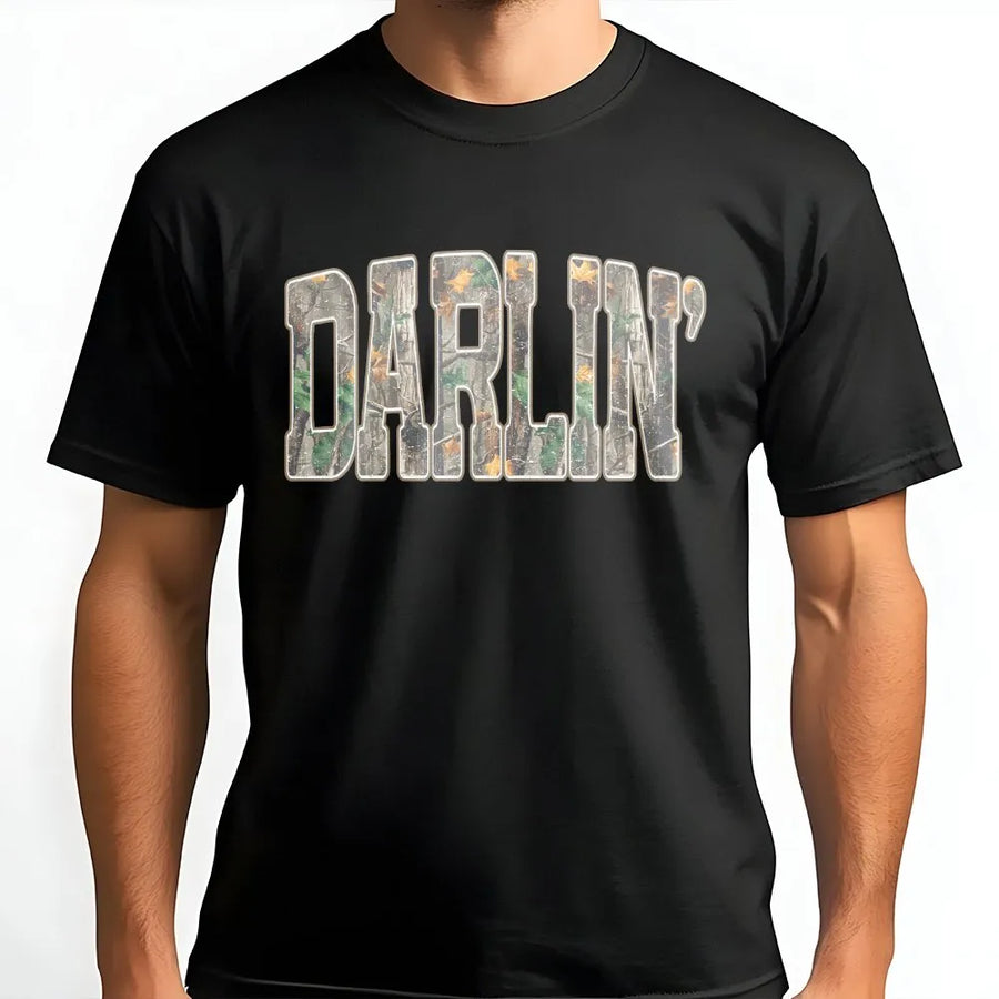 Darlin Western T-Shirt | Camo Print Country Style Graphic Tee | 100% Cotton Premium Quality | Southern Girl Gift for Country Music Fans