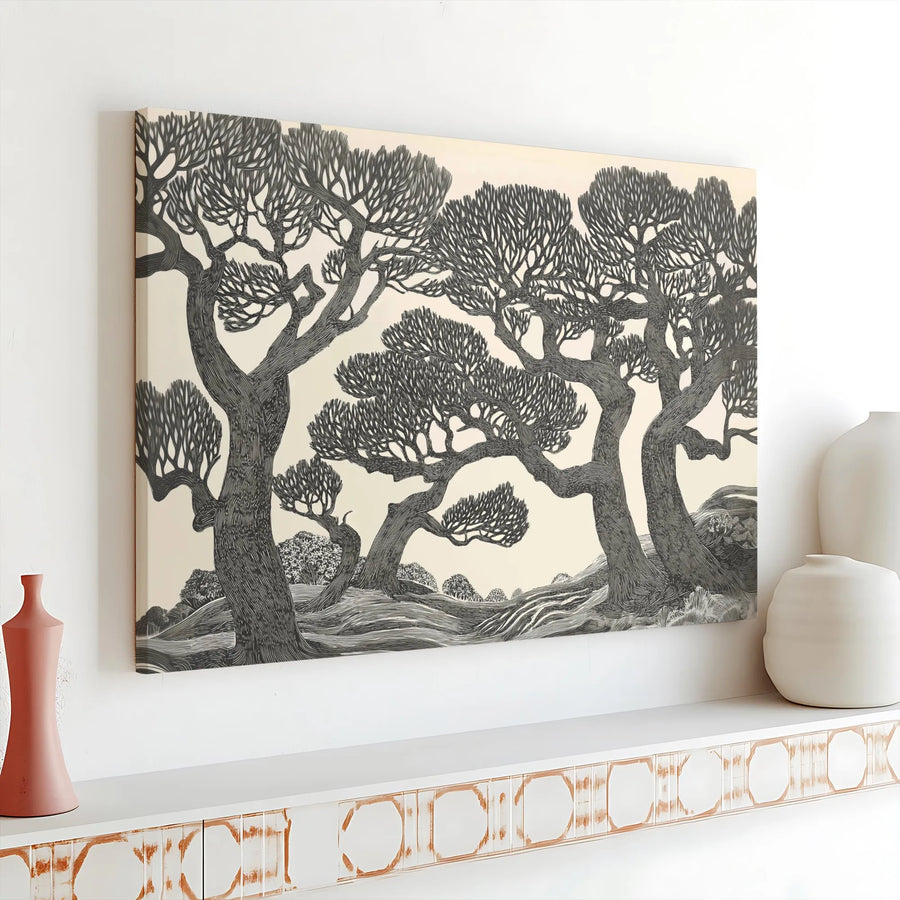 Gnarly Trees Canvas Wall Art | Monochrome Woodcut Illustration | 1.25 Inch Gallery Wrap Premium Decor | Modern Nature Forest Print for Home Office