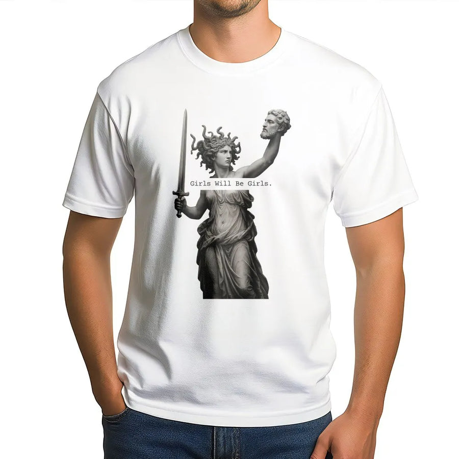 Medusa Feminist T-Shirt | Greek Mythology Art with 'Girls Will Be Girls' Slogan | Premium Cotton-Poly Blend | Empowerment Gift for Women