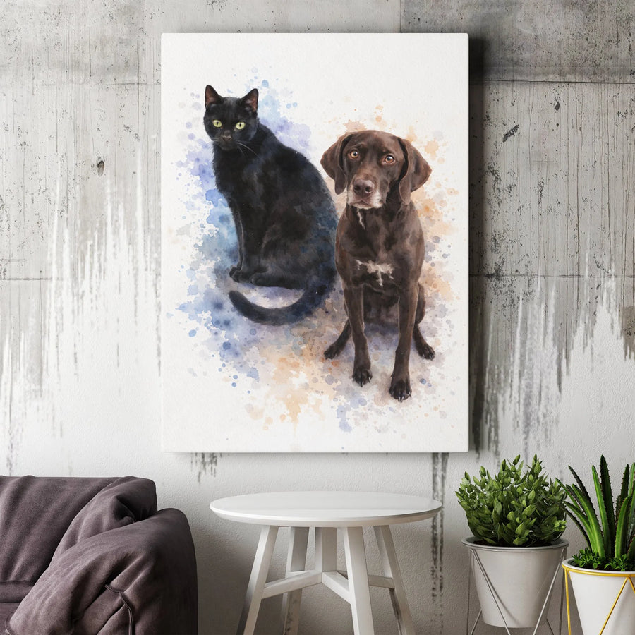Cat and Dog Wall Art Canvas | Watercolor Black Cat & Brown Dog Portrait | Premium Gallery Wrapped Canvas | Gift for Pet Lover & Vet Office Decor