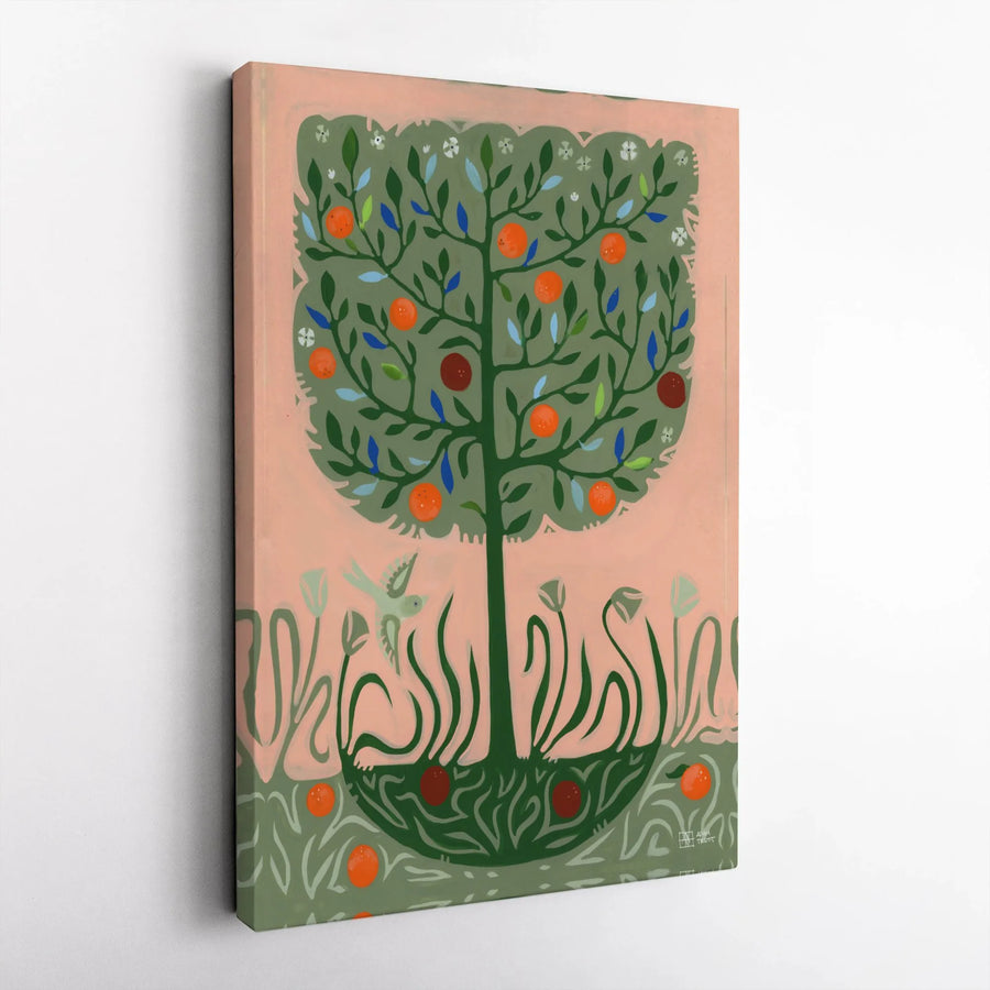Folk Art Tree Canvas Print | Vintage Orange Tree & Bird Illustration | Premium Thick Gallery Wrap Canvas | Boho Kitchen & Living Room Decor Gift