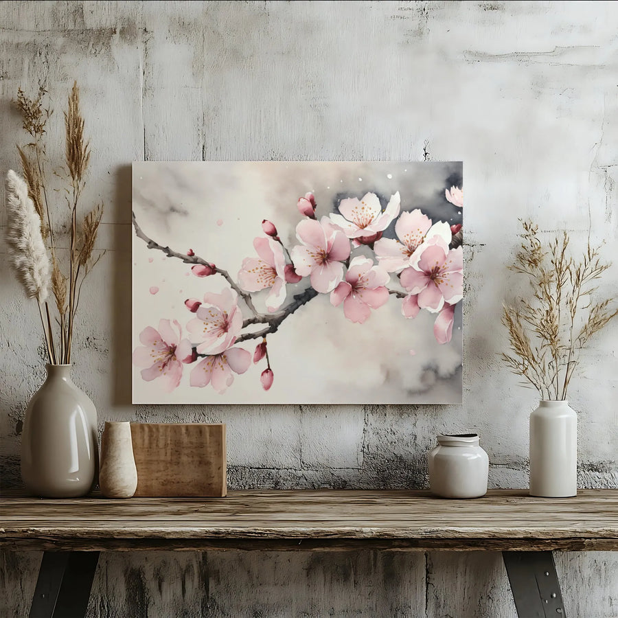 Cherry Blossom Canvas Wall Art | Japanese Watercolor Pink Floral Painting | Premium Gallery Wrap | Living Room & Bedroom Decor Gift