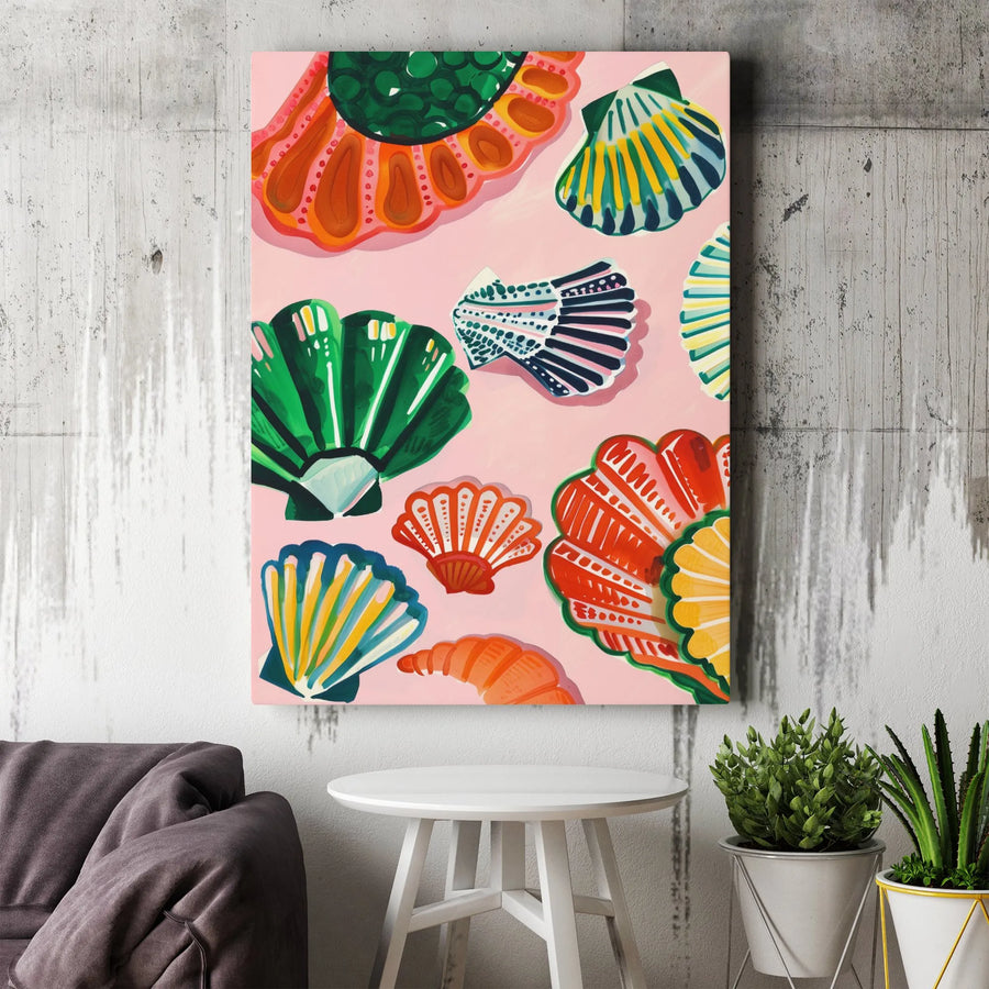 Colorful Seashell Canvas Wall Art | Tropical Beach Decor Illustration | Premium Gallery-Wrapped 1.25" Profile | Coastal Aesthetic Gift for Beach Lovers