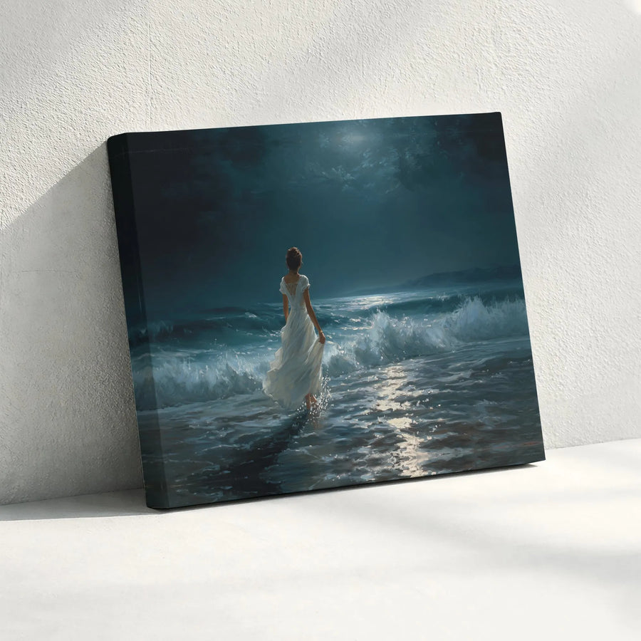 Moonlit Ocean Canvas Wall Art | Woman in White Dress Seascape | Premium Gallery Wrapped Print | Romantic Bedroom Decor Gift