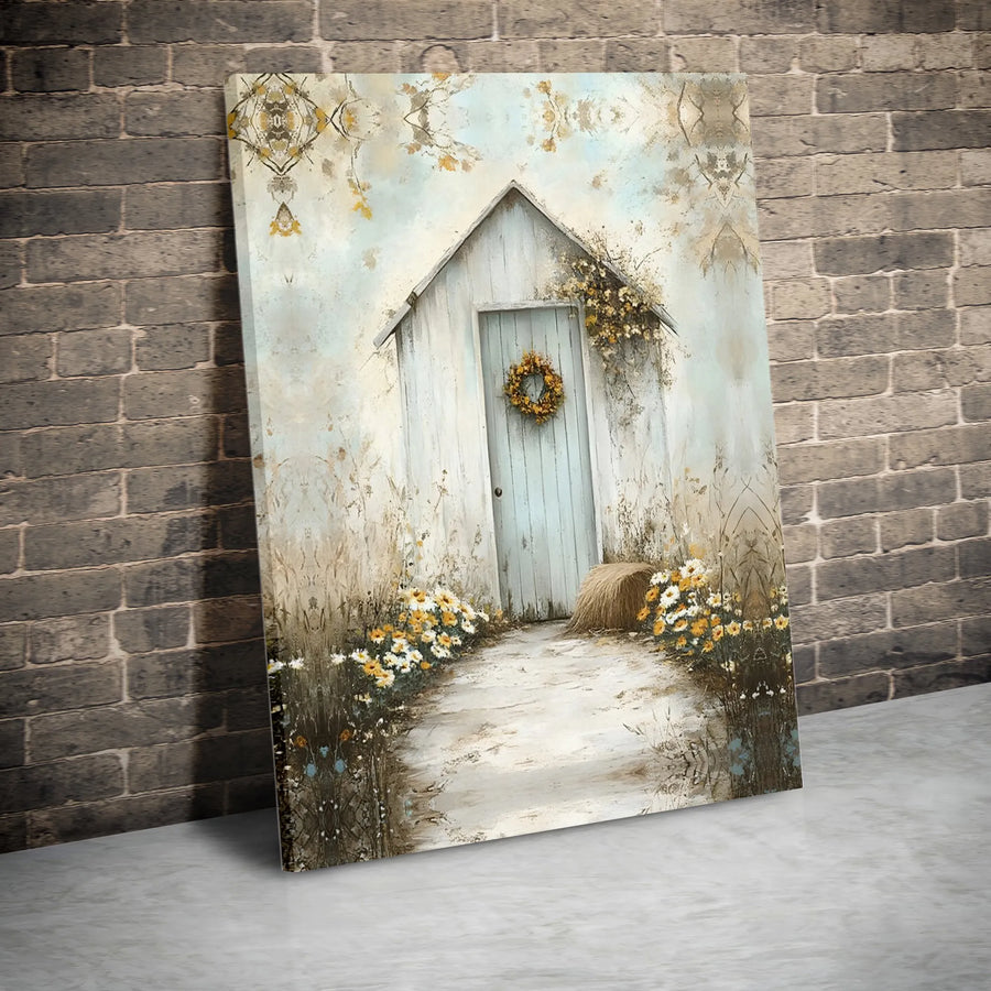 Rustic Farmhouse Canvas Print | Country Shed with Wildflower Wreath | Premium Gallery Wrapped Canvas | Modern Farmhouse Decor Gift