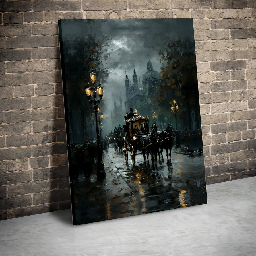 Gothic Victorian Cityscape Canvas | Rainy Night Horse Carriage Art | Premium Gallery-Wrapped Print | Moody Home Decor for History Lovers
