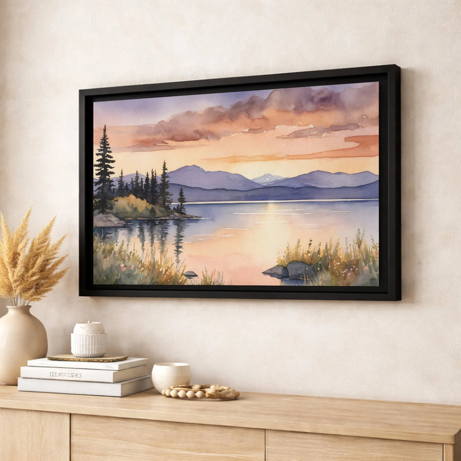 Mountain Lake Canvas Wall Art | Watercolor Sunset Landscape with Pine Trees | Premium Gallery-Wrapped Print | Serene Nature Home Decor Gift