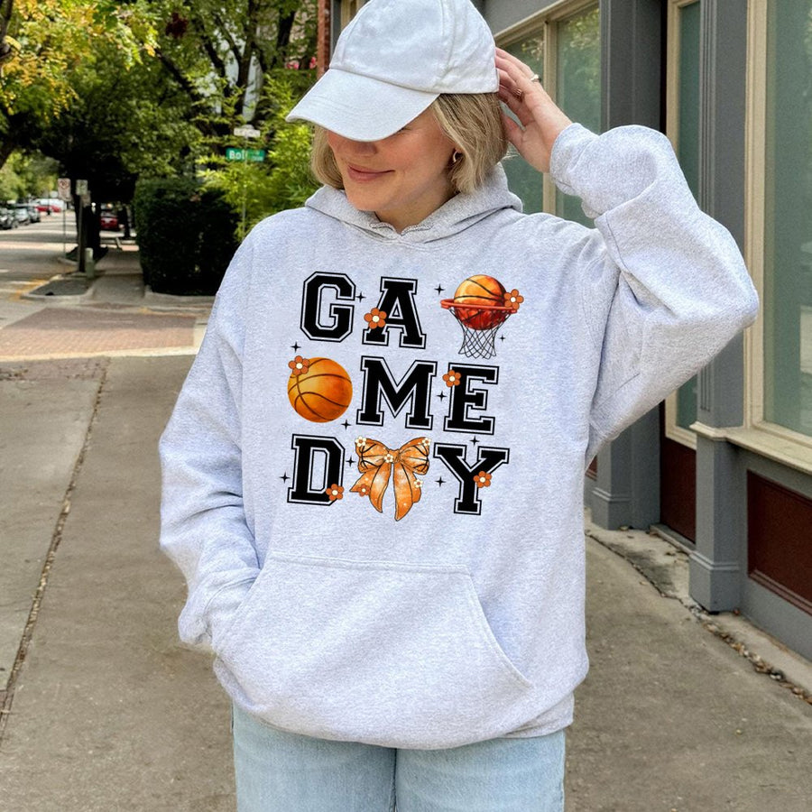 Game Day Basketball Hoodie | Retro Coquette Bow Graphic | Premium Cotton Blend | Gift for Basketball Mom & Sports Fans