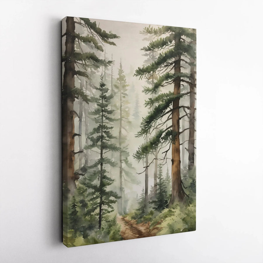 Misty Pine Forest Canvas Art | Watercolor Hiking Trail Landscape | Premium Gallery Wrapped Wall Decor | Nature Lover Gift