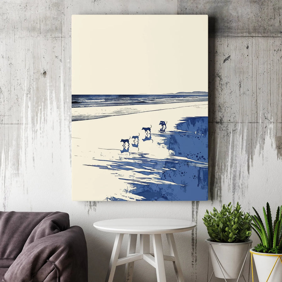 Abstract Dogs on Beach Canvas Print | Minimalist Coastal Dog Scene | Premium Gallery Wrapped Canvas | Modern Home Decor Gift for Dog Lover