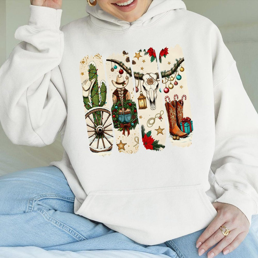 Western Christmas Hoodie | Cowgirl Holiday Graphic Design | Soft Cotton Blend Unisex Pullover | Festive Cowboy Boots Xmas Gift for Women