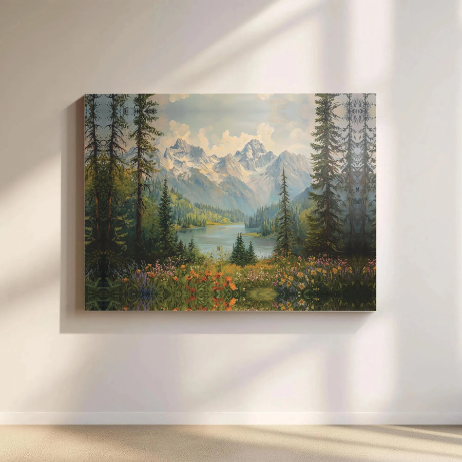 Mountain Landscape Canvas Wall Art | Serene Lake Wildflower Painting | Premium Gallery Wrap Print | Nature Decor For Living Room Home