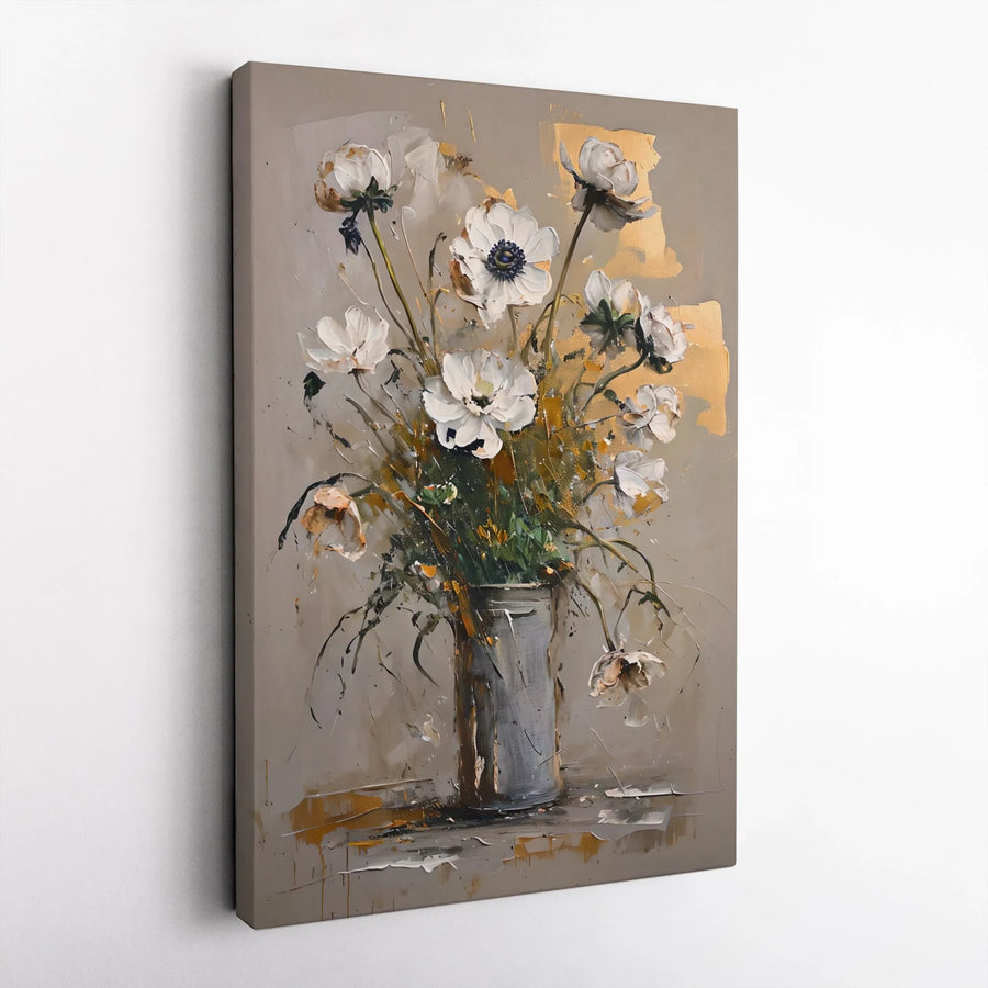 Abstract White Flower Canvas Wall Art | Gold Leaf Botanical Painting | Premium Gallery Wrapped Print | Modern Living Room Decor Gift