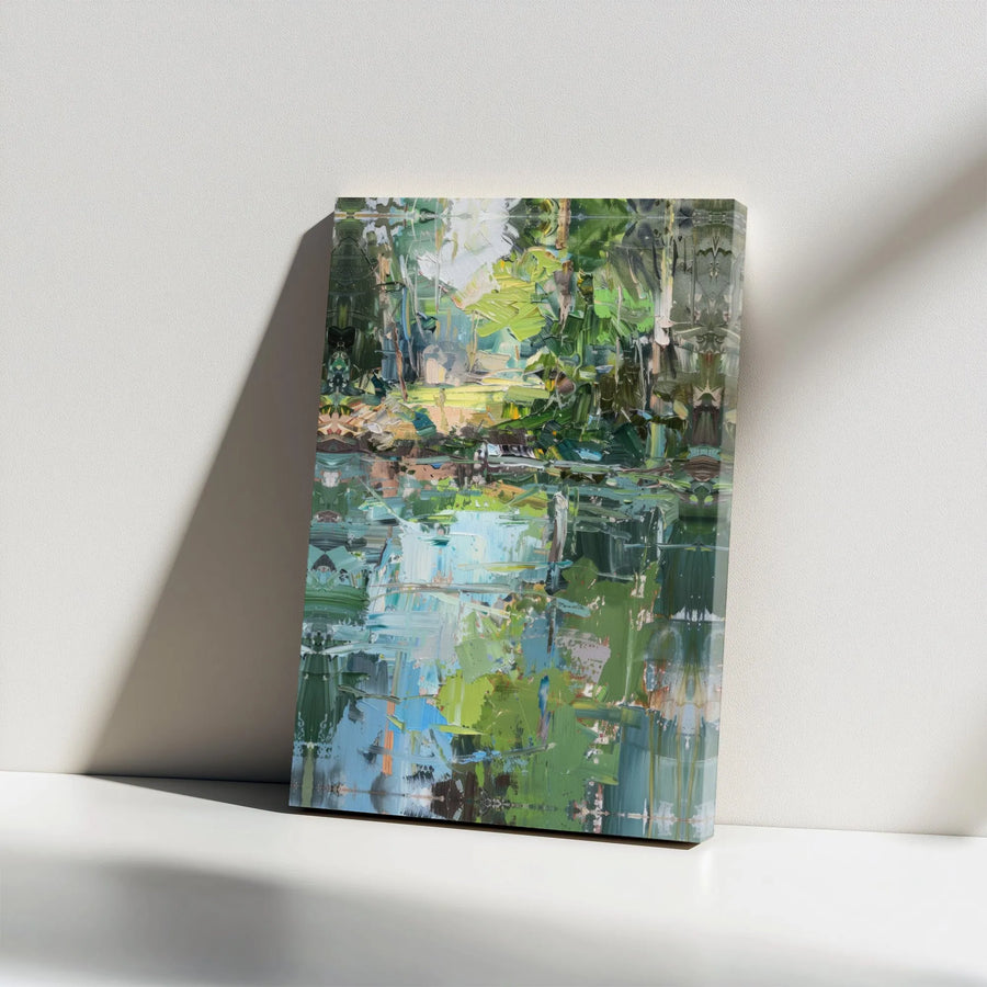 Abstract Forest Canvas Art | Impressionist Green and Blue Reflection Wall Decor | Premium Stretched Gallery Wrap | Modern Nature Home Office Gift