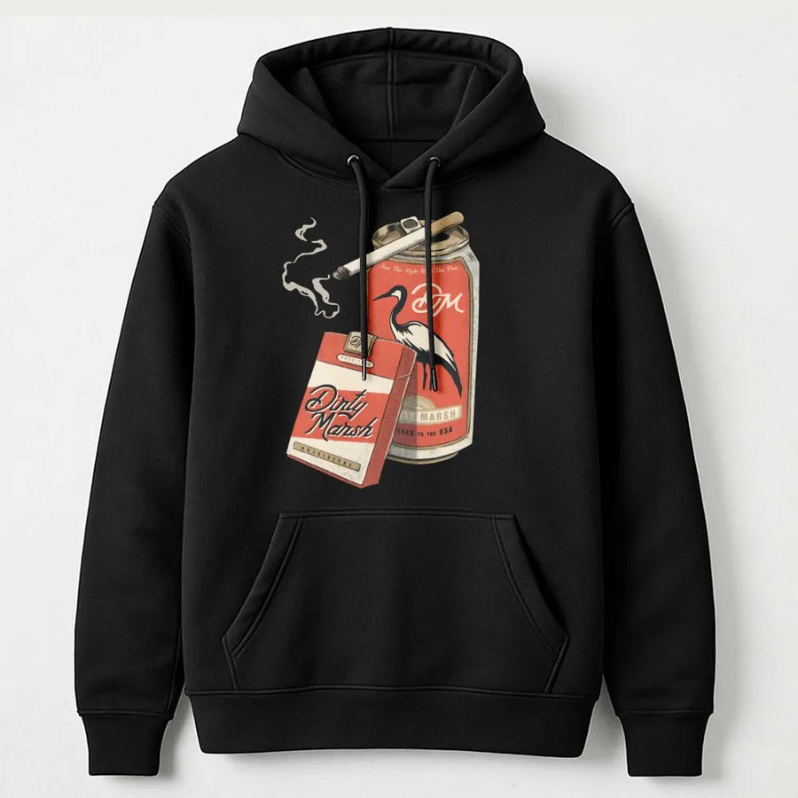 Dirty Marsh Hunting Hoodie | Retro Cigarette and Beer Can Graphic | Soft Cotton Blend | Unique Outdoorsman Gift for Hunters