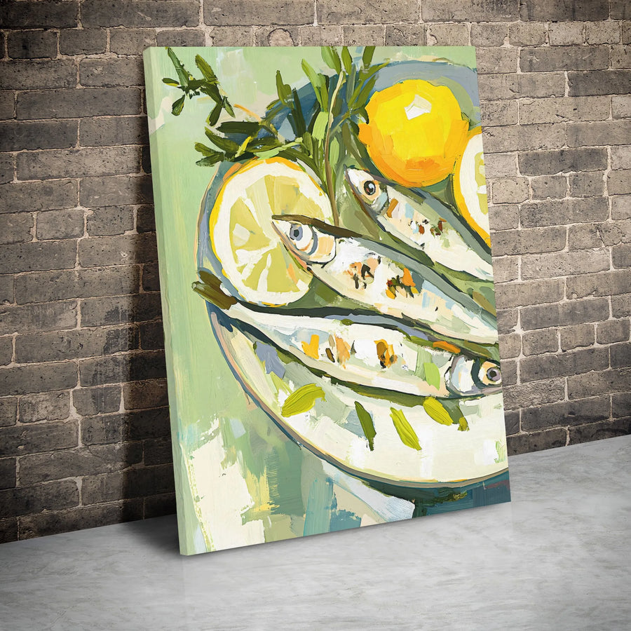 Sardines and Lemons Canvas Print | Impressionist Kitchen Wall Art | 1.25 Inch Gallery Wrap | Premium Decor for Foodie Home Chefs