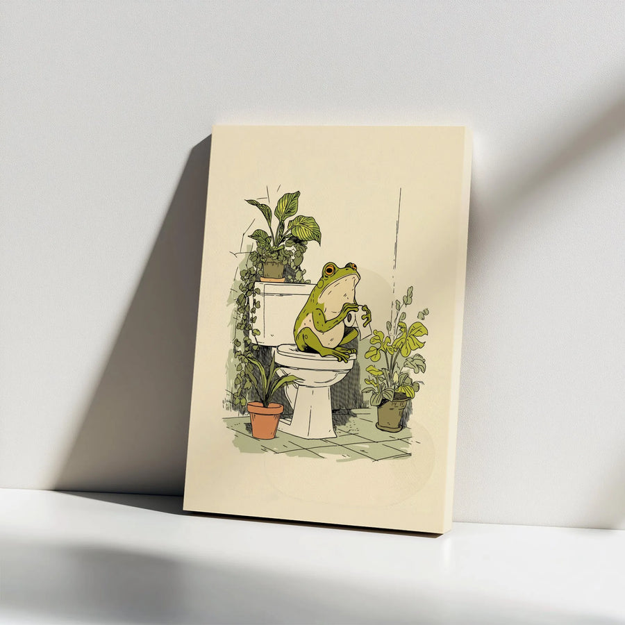 Funny Frog Vertical Canvas | Frog Sitting on Toilet with Plants Illustration | Premium Gallery Wrap Canvas | Humorous Bathroom Wall Decor Gift