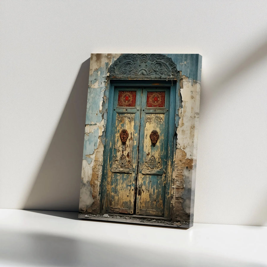 Rustic Blue Door Canvas Print | Weathered Architectural Wall Art | Premium Gallery-Wrapped Wood Frame | Farmhouse Home Decor for Living Room