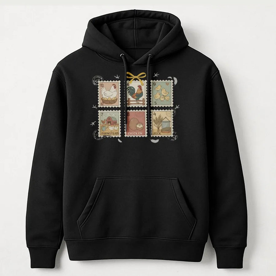 Chicken Stamp Hoodie | Vintage Farmstead Postage Stamp Graphic | Premium Cotton Blend | Gift for Chicken Mom and Farmer