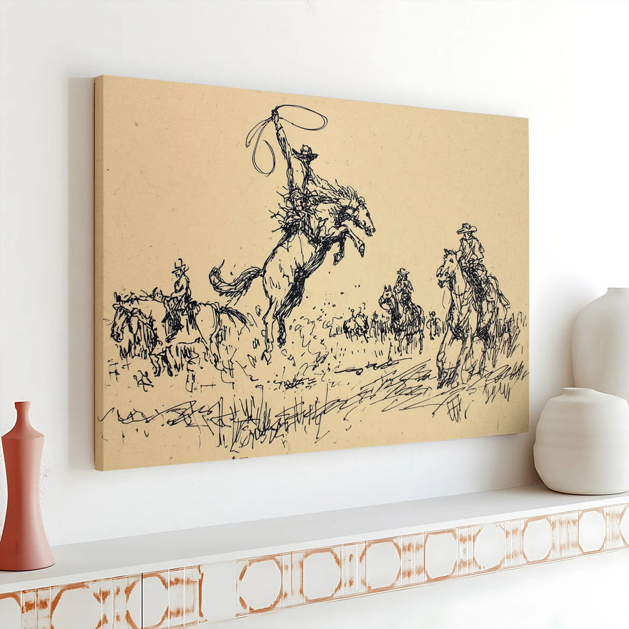 Western Cowboy Canvas Art | Bucking Bronco Sketch Print | 1.25 Inch Gallery Wrap | Rustic Home Decor Gift for Horse Lovers