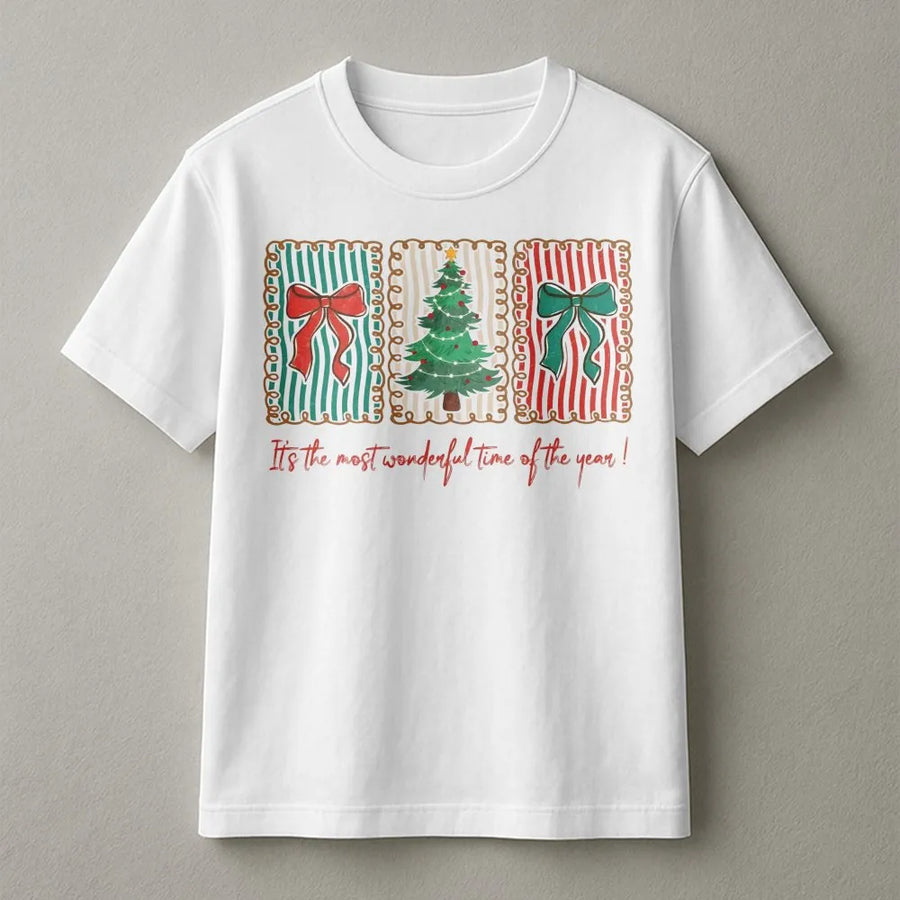 Most Wonderful Time Of The Year T-Shirt | Retro Christmas Tree Bow Graphic | Premium Soft Cotton Tee | Festive Holiday Gift For Women & Family