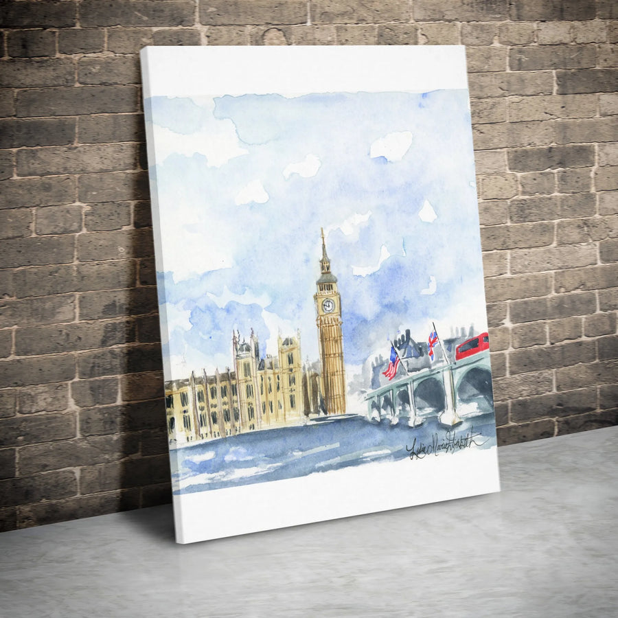 Big Ben London Vertical Canvas | Watercolor Cityscape Painting | Premium Gallery Wrap Canvas | Gift for Traveler & UK Wall Decor