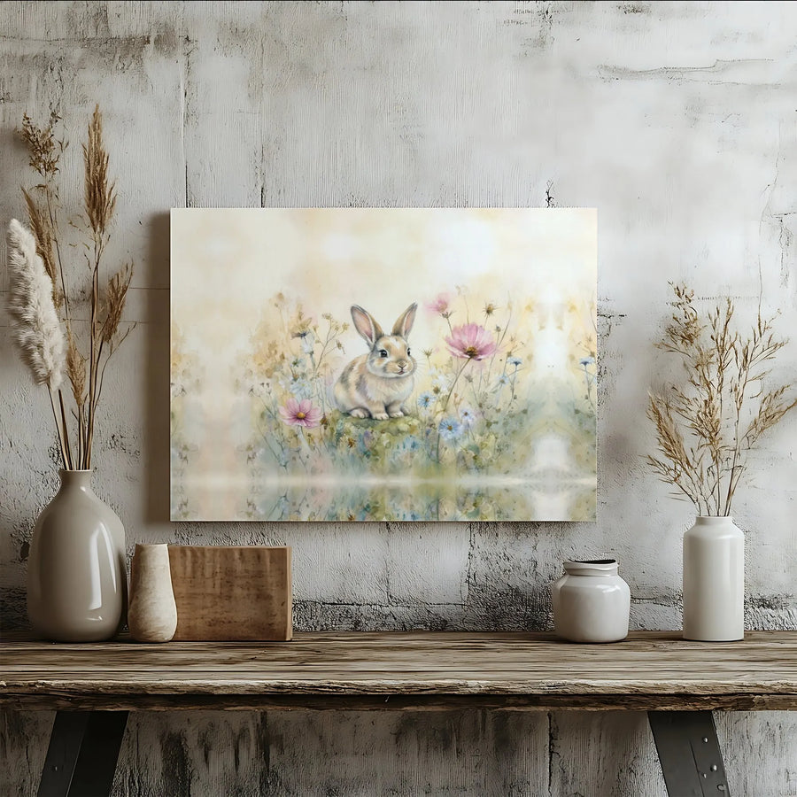Watercolor Bunny Canvas Wall Art | Whimsical Rabbit & Wildflower Art | Premium Gallery Wrapped Canvas | Gift for Kids Nursery Decor
