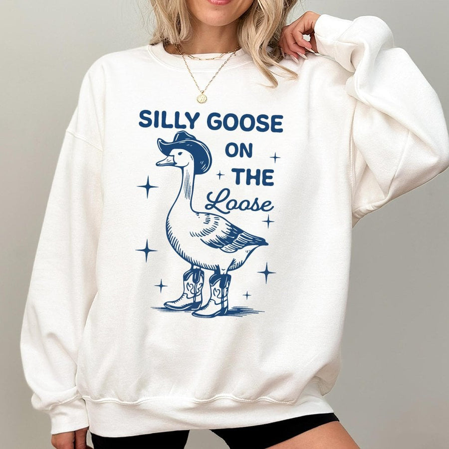Silly Goose On The Loose Sweatshirt | Western Cowboy Boots Graphic | Premium Cotton Blend | Funny Animal Meme Gift for Men and Women
