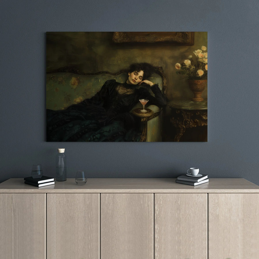 Moody Victorian Portrait Canvas Wall Art | Sleeping Woman with Cocktail Oil Painting Style | 1.25 Inch Gallery Wrap | Elegant Dark Academia Home Decor