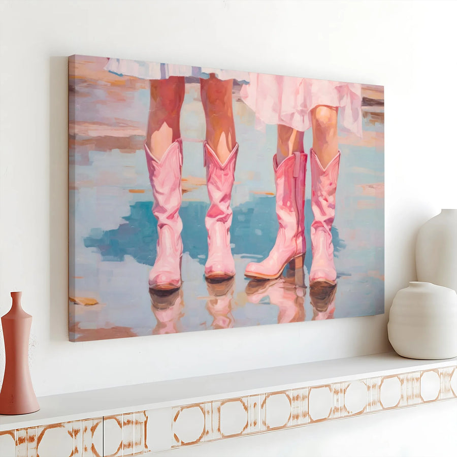 Pink Cowboy Boots Canvas Wall Art | Coastal Cowgirl Painting Print | Premium Gallery Wrap Canvas | Aesthetic Western Decor Gift for Her