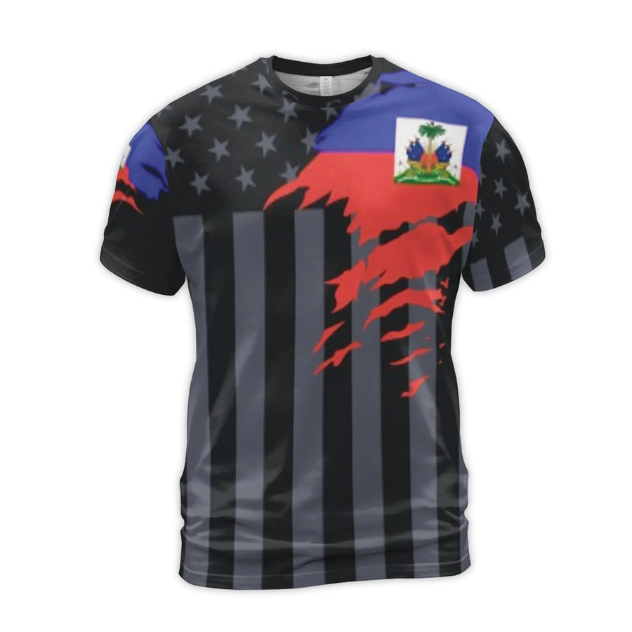 Haiti Flag T-Shirt | Ripped American Flag 3D Graphic | Premium Polyester Blend | Patriotic Gift for Haitian Americans