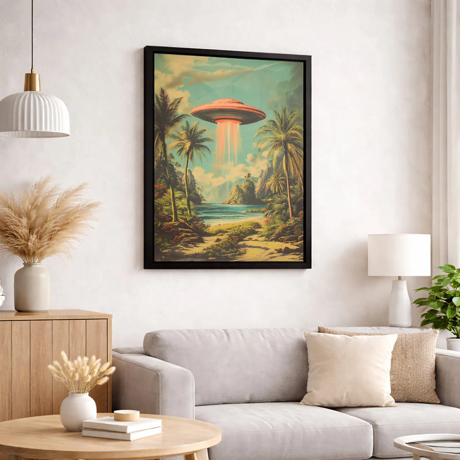 UFO Over Tropical Beach Canvas | Retro Alien Flying Saucer Art | Premium Fade-Resistant Print | Surreal Sci-Fi Home Office Wall Decor Gift