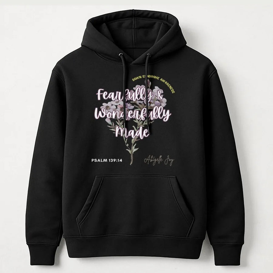 Down Syndrome Awareness Hoodie | Fearfully & Wonderfully Made Floral Heart | Soft Unisex Pullover | Christian Faith Gift Psalm 139:14