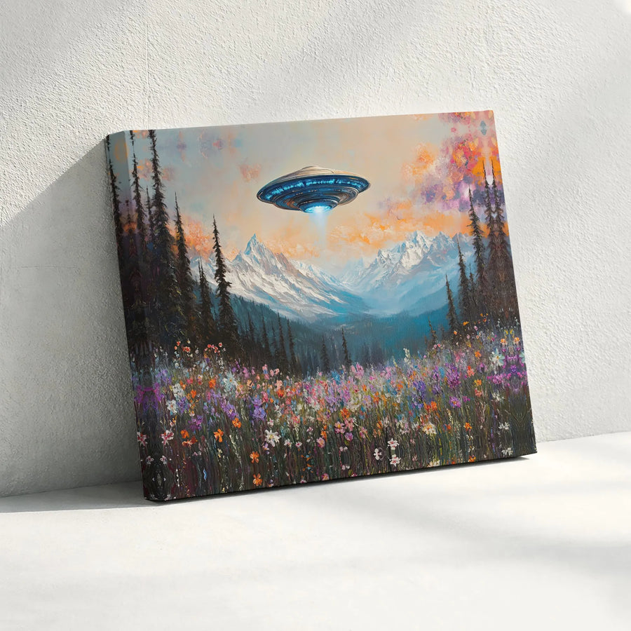 UFO Painting Canvas Art | Surreal Alien Spaceship Over Mountain Wildflower Field | Premium Gallery Wrapped Canvas | Unique Sci-Fi Fan Gift & Home Decor