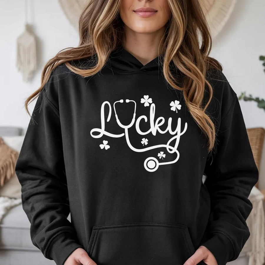 Lucky Nurse Hoodie | St Patricks Day Shamrock Stethoscope Design | Cotton-Poly Premium Blend | Gift for RN LPN Nursing Students