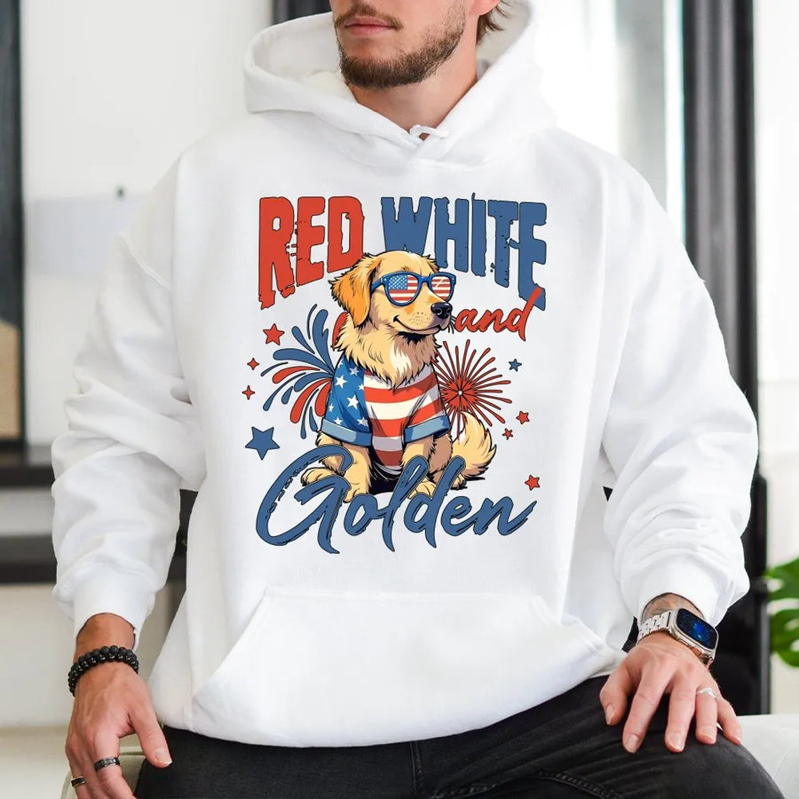 Red White and Golden Hoodie | Patriotic Golden Retriever USA Flag Design | Soft Cotton Unisex Tee | Independence Day Gift for Dog Mom