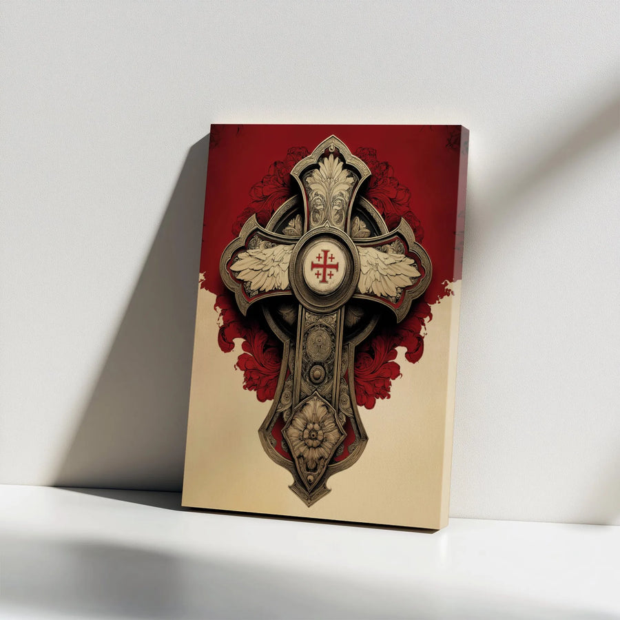 Jerusalem Cross Canvas Print | Ornate Winged Crusader Cross Art | Premium Gallery Wrapped Canvas | Christian Faith Wall Decor Gift