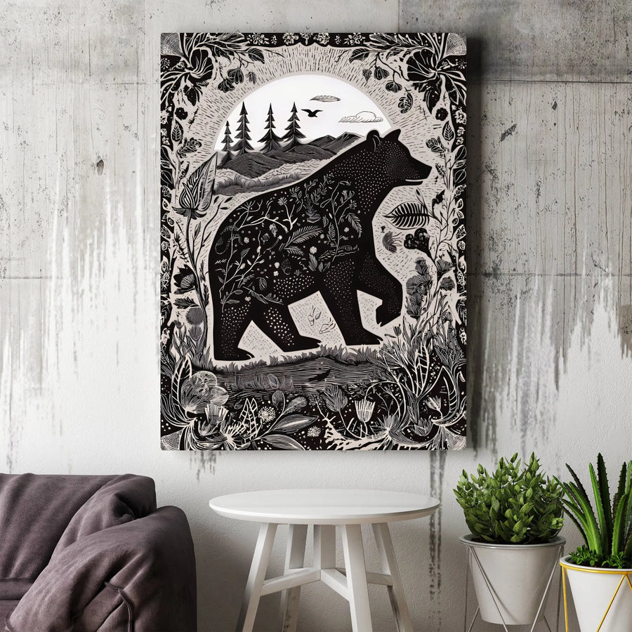 Linocut Style Bear Vertical Canvas | Folk Art Botanical Illustration | Premium High-Resolution Print | Rustic Cabin Decor Gift for Nature Lover